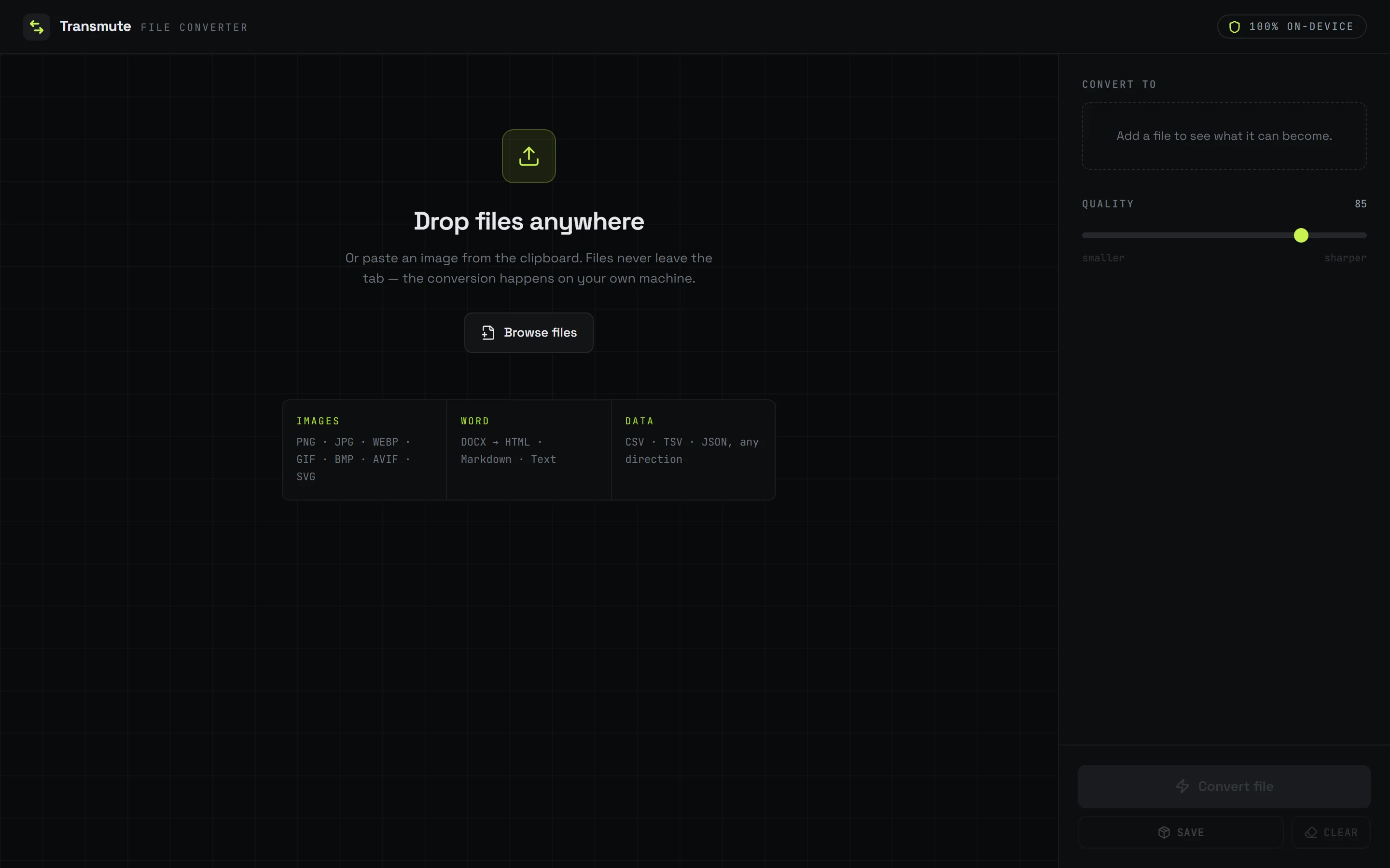 Transmute file converter on a dark grid: "Drop files anywhere" with a Browse files button, format groups for Images, Word and Data, and a side panel with a quality slider and a Convert file button
