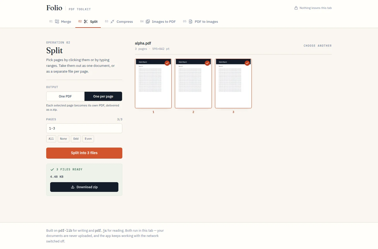 Folio PDF toolkit with three page previews and document splitting controls