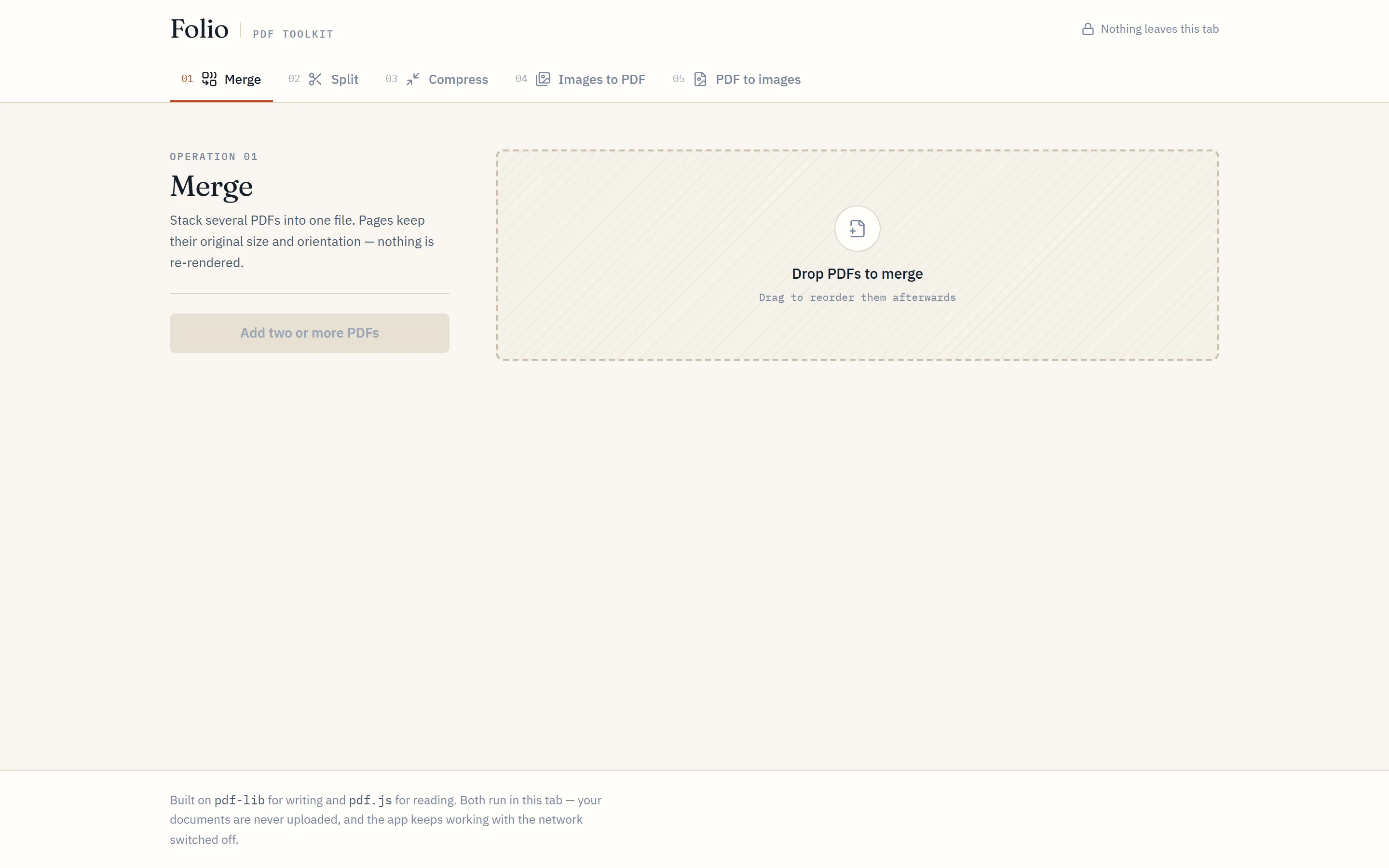Folio PDF toolkit on a cream background: five numbered operations across the top (Merge, Split, Compress, Images to PDF, PDF to images), the Merge panel selected, and a hatched drop zone reading "Drop PDFs to merge"