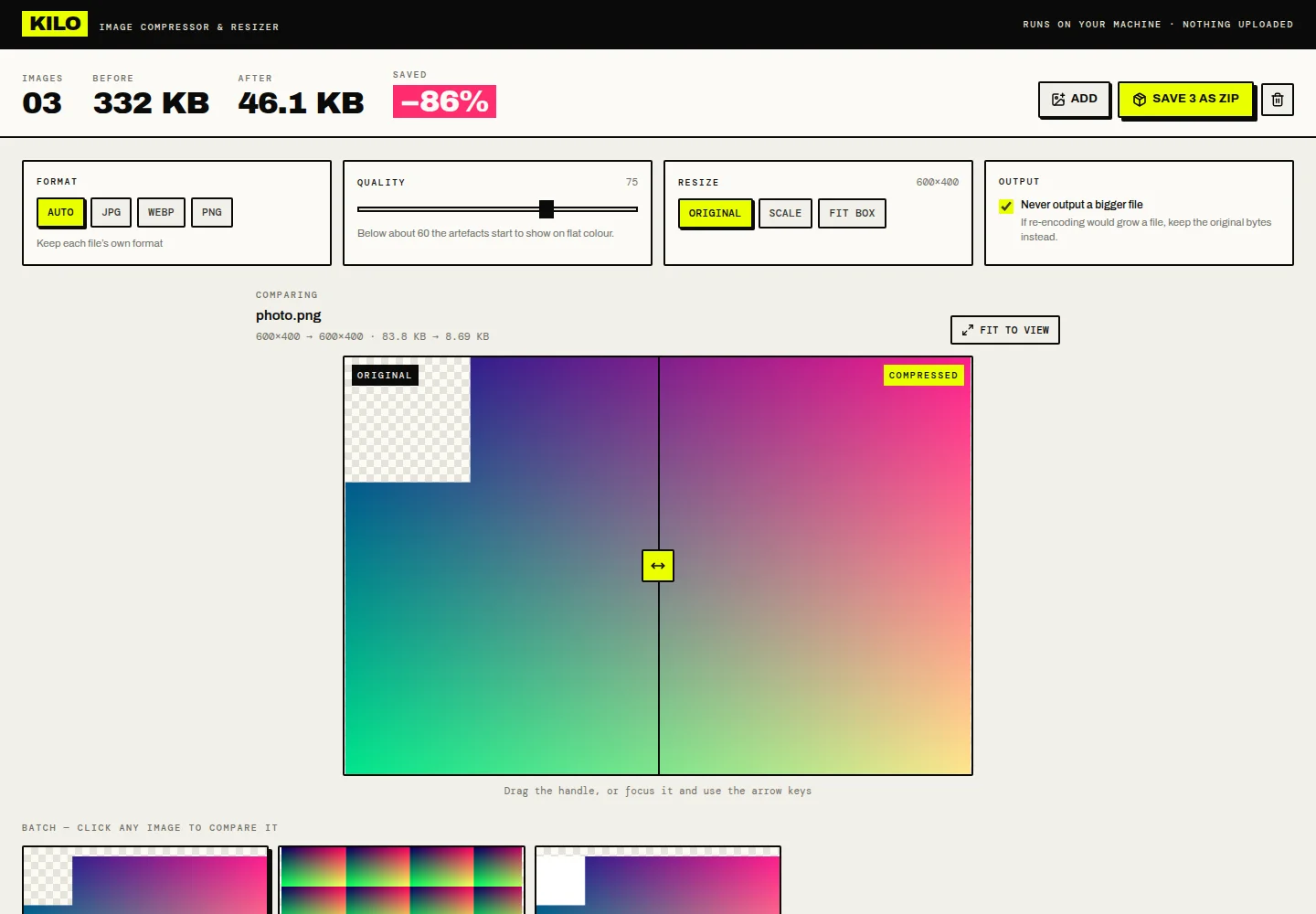 KILO image compressor with format, quality, and resize controls above a before-and-after preview