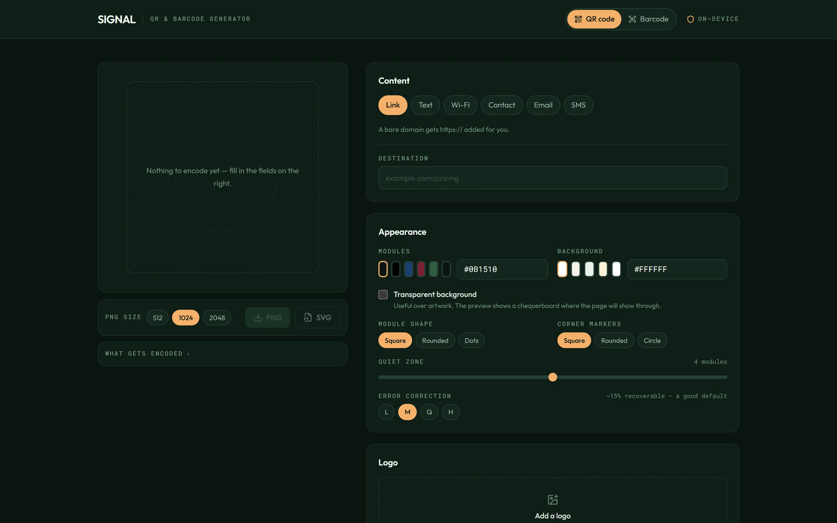 SIGNAL QR and barcode generator in dark green: an empty preview panel with PNG and SVG export, and content-type tabs (Link, Text, Wi-Fi, Contact, Email, SMS) above module colour, shape, corner-marker, quiet-zone and error-correction controls