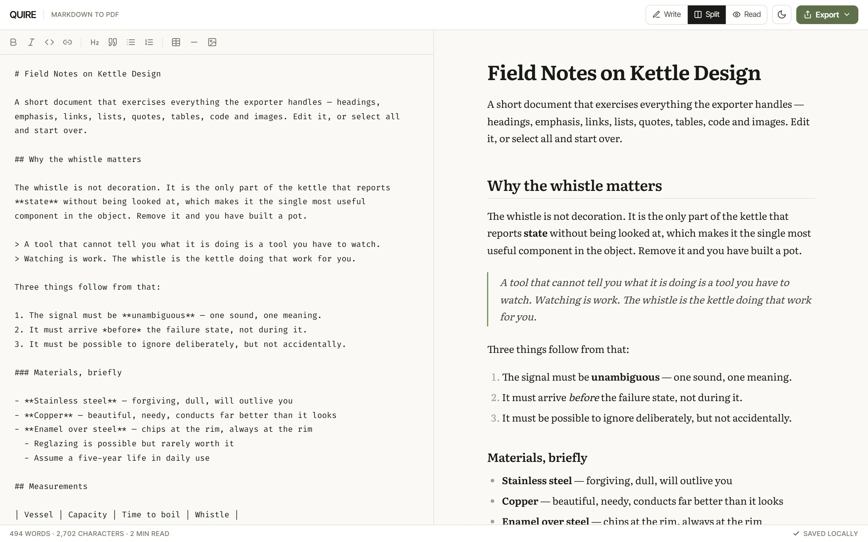 QUIRE in split view: a Markdown editor with a formatting toolbar on the left and the typeset "Field Notes on Kettle Design" document on the right, with Write, Split, Read and Export controls