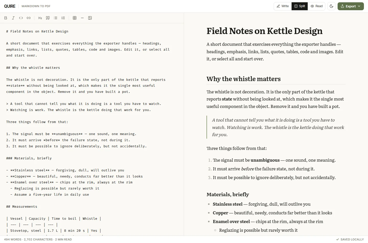 QUIRE showing a Markdown editor beside its typeset document preview