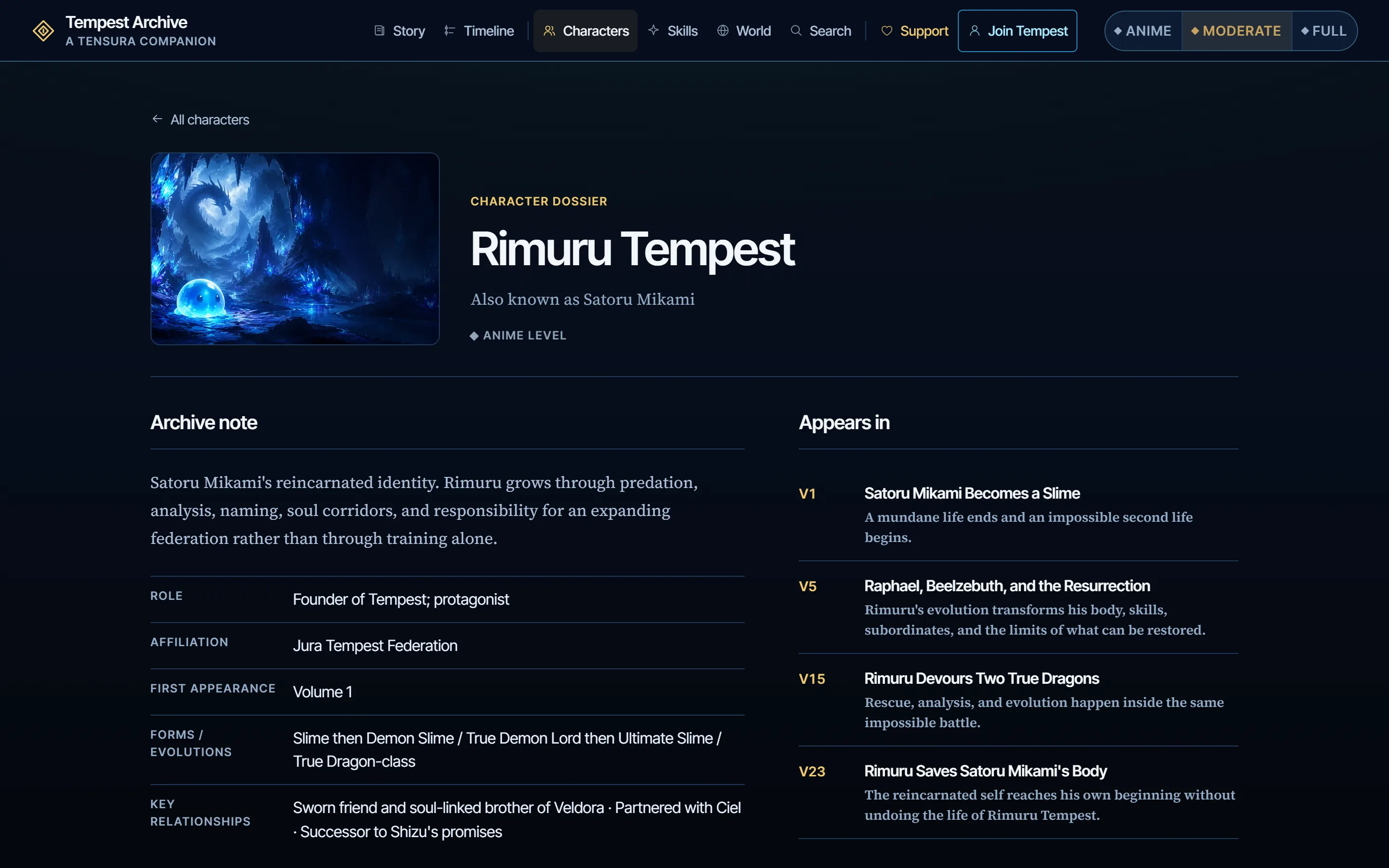 Rimuru Tempest character dossier with an archive note, role, affiliation and the story records the character appears in