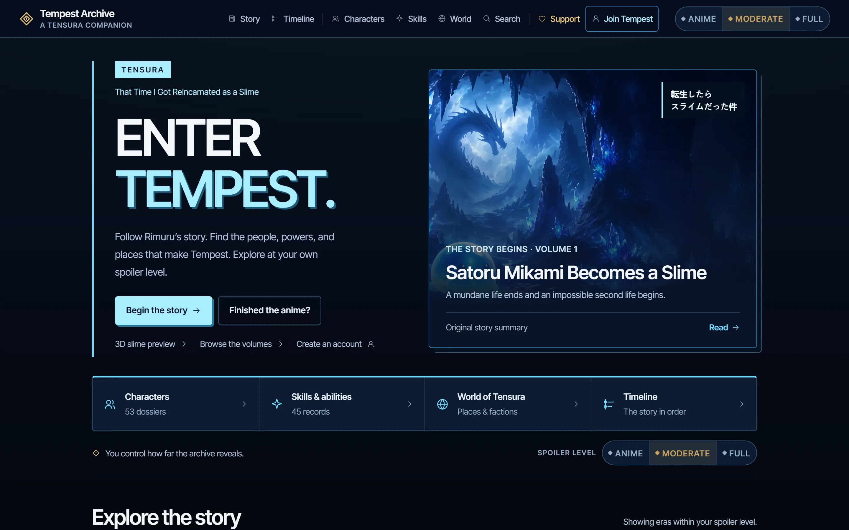 Tempest Archive home page: a dark navy interface with the headline "Enter Tempest", a featured Volume 1 story card, and a spoiler-level switch set to Moderate