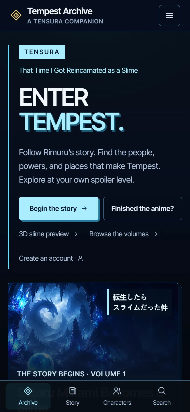 Tempest Archive on a phone, with a bottom tab bar for Archive, Story, Characters and Search